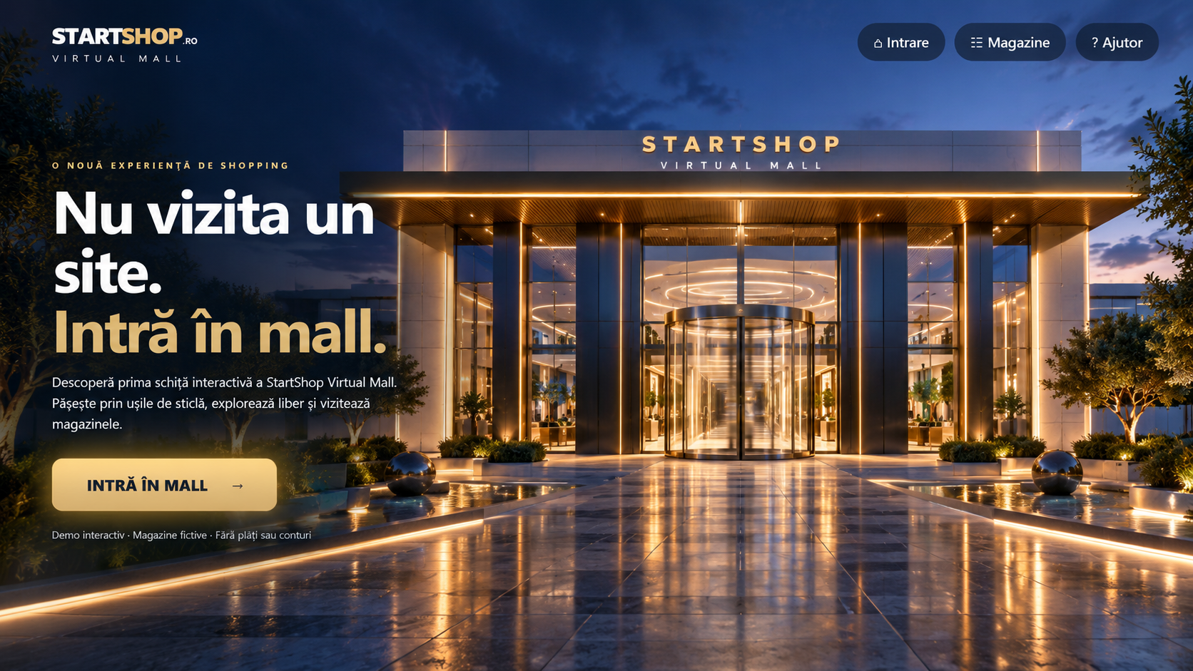 StartShop Virtual Mall — concept vizual premium al intrării, cu intrare din sticlă